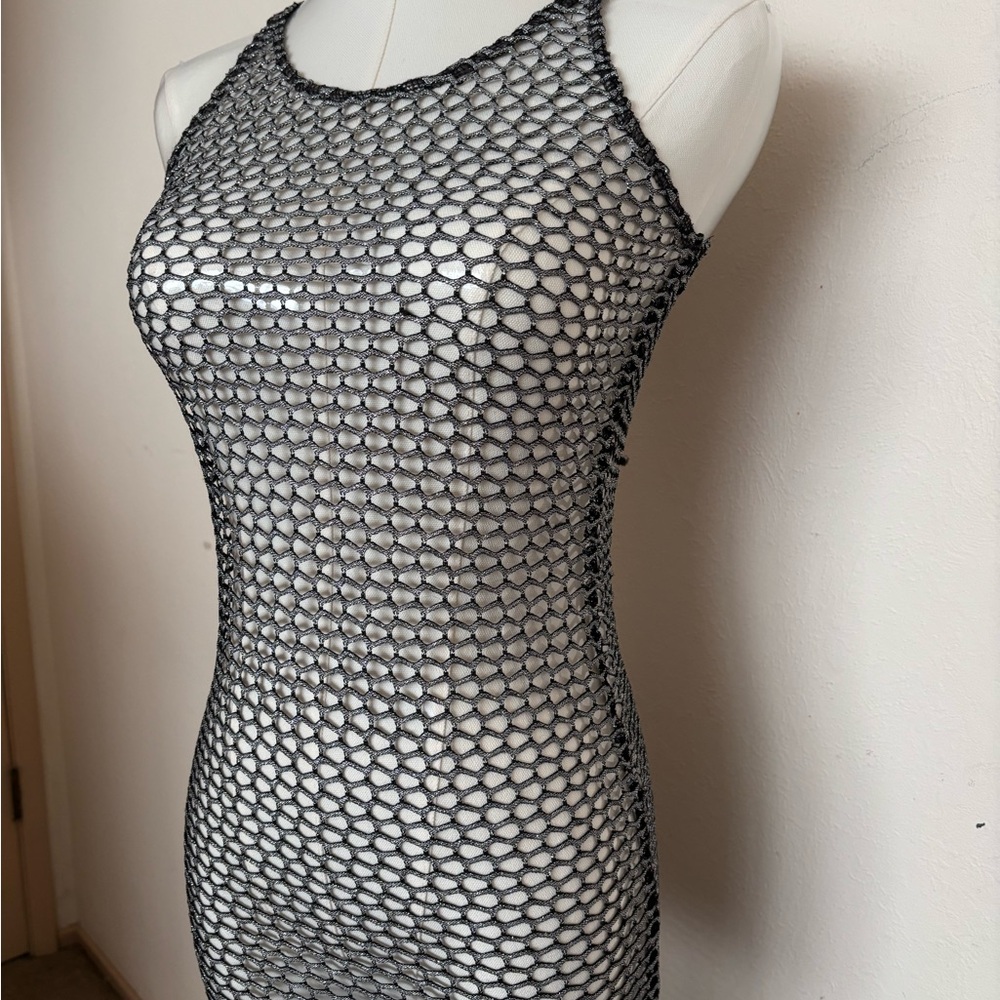 Forever Rose Couture Body Con Dress Metallic Wide Mesh Naked Dress Small Silver - Picture 2 of 8